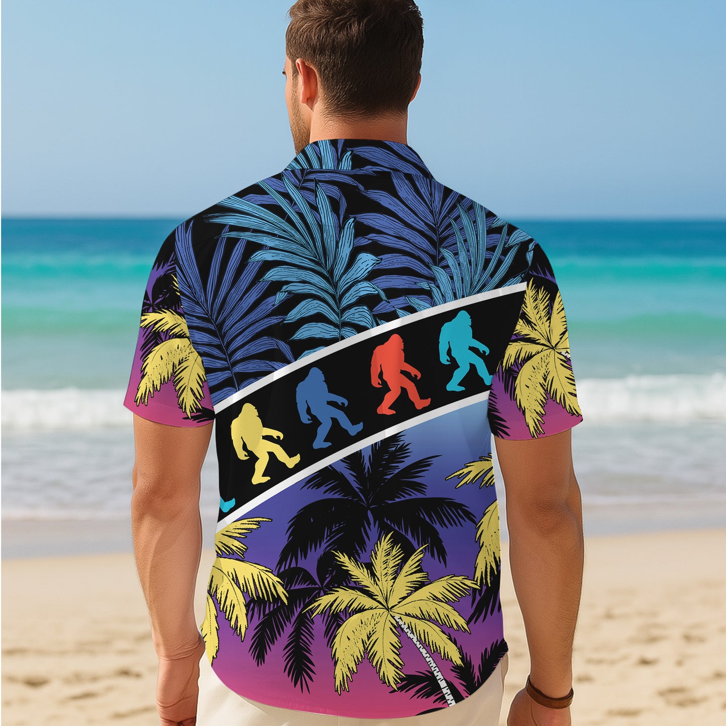 Bigfoot Retro Neon Silhouette Palm Tree Tropical Hawaiian Shirt Men Women Aloha