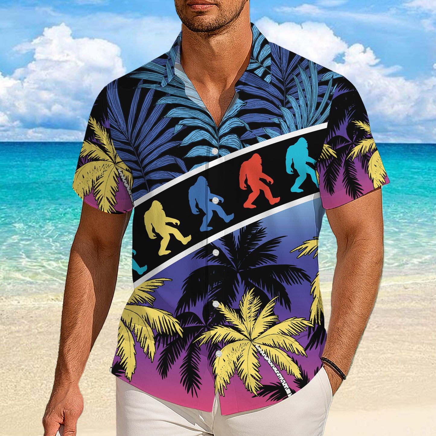 Bigfoot Retro Neon Silhouette Palm Tree Tropical Hawaiian Shirt Men Women Aloha