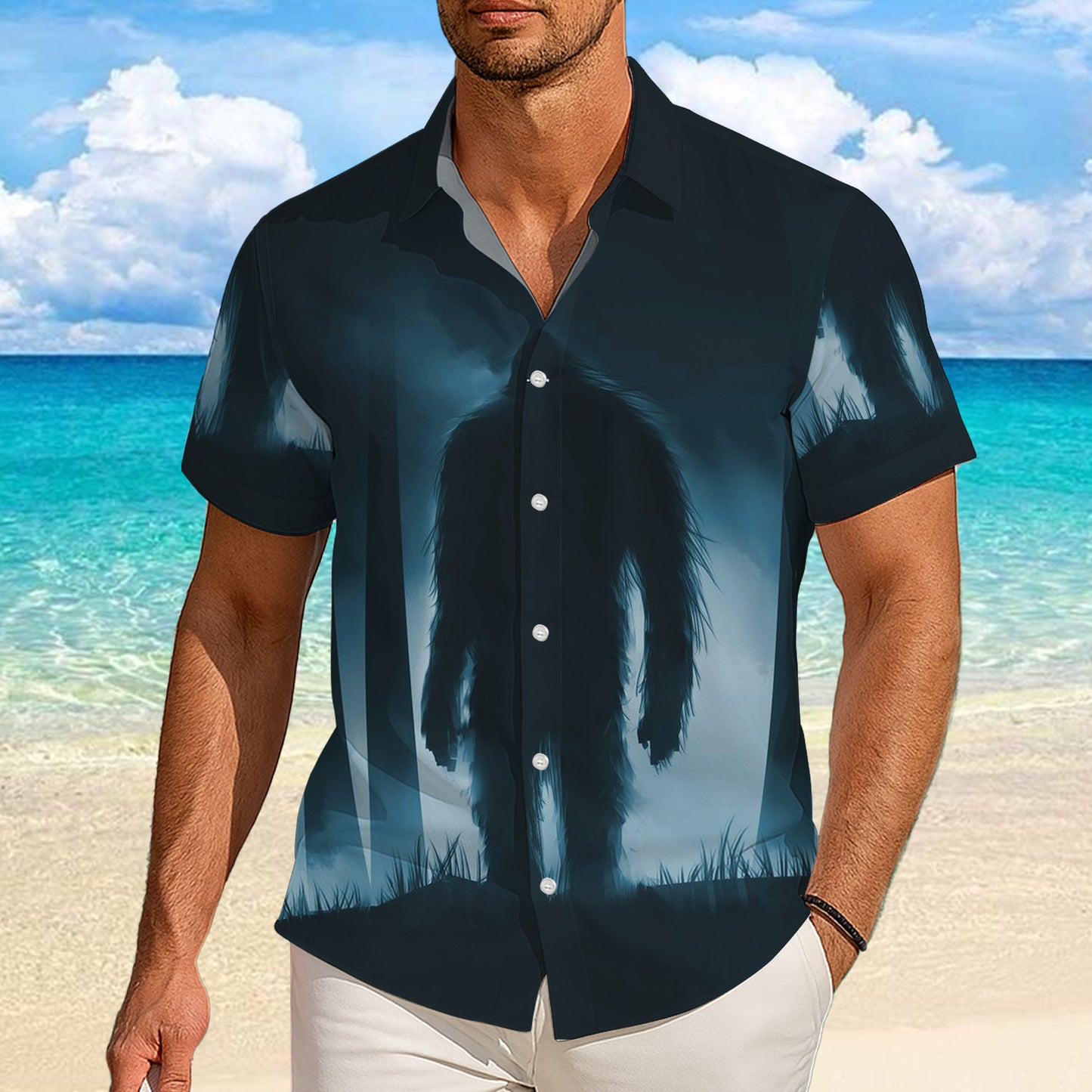 Bigfoot Dark Atmospheric Forest Silhouette Hawaiian Shirt Men Women Casual Aloha