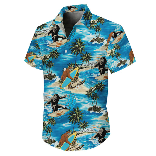 Bigfoot Surfing Tropical Beach Palm Tree Hawaiian Shirt for Men & Women Aloha