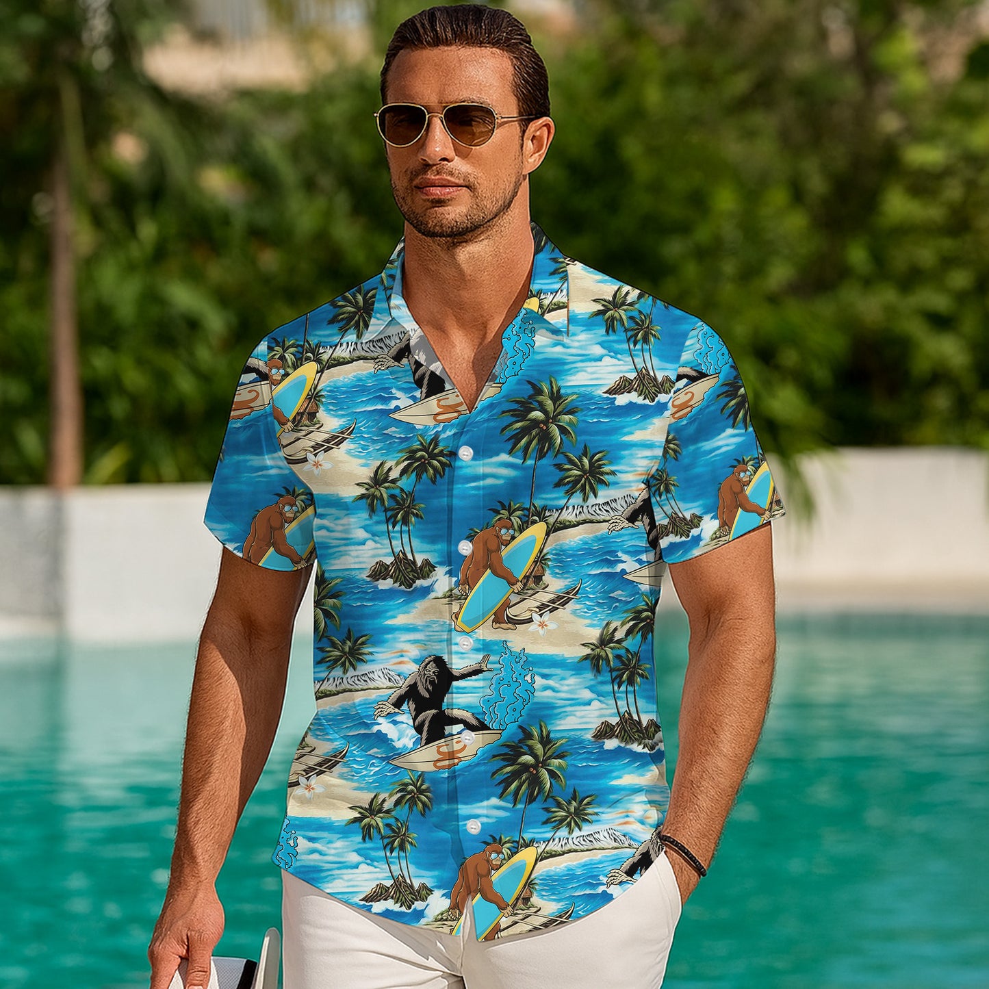 Bigfoot Surfing Tropical Beach Palm Tree Hawaiian Shirt for Men & Women Aloha