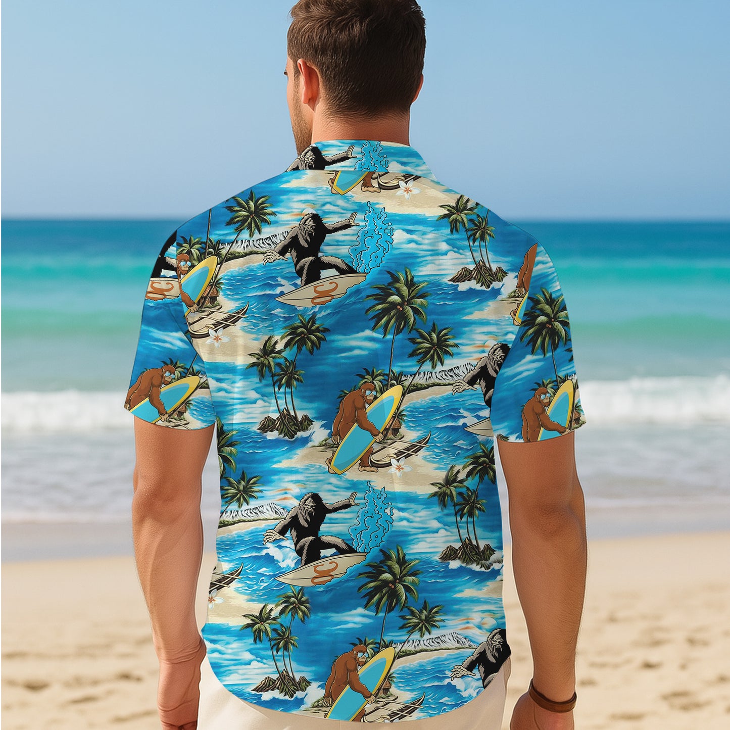 Bigfoot Surfing Tropical Beach Palm Tree Hawaiian Shirt for Men & Women Aloha