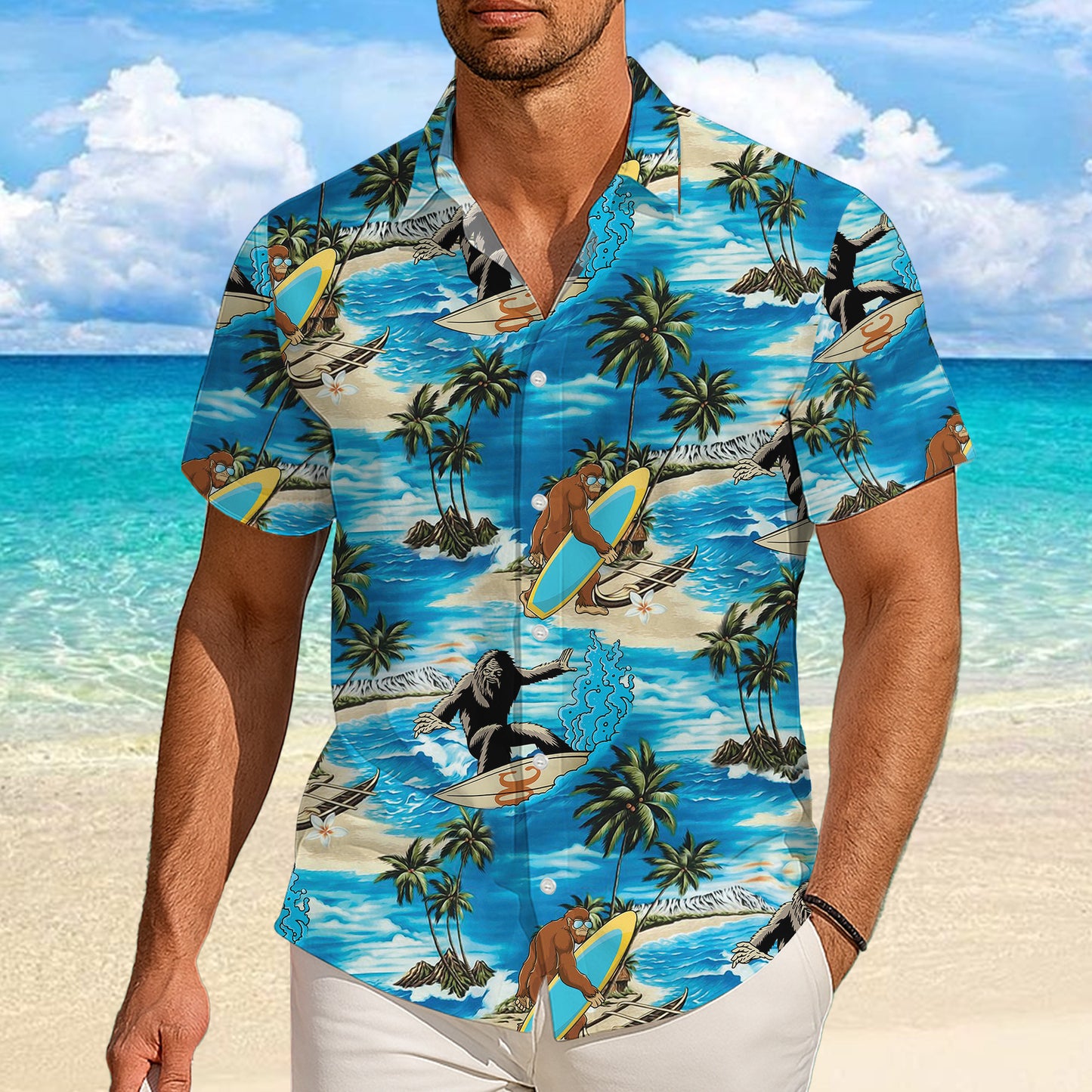 Bigfoot Surfing Tropical Beach Palm Tree Hawaiian Shirt for Men & Women Aloha