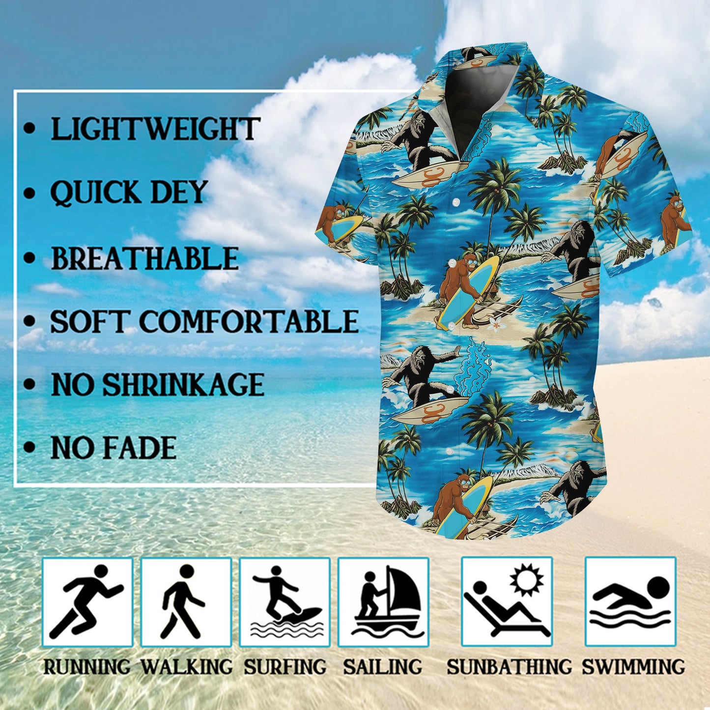 Bigfoot Surfing Tropical Beach Palm Tree Hawaiian Shirt for Men & Women Aloha