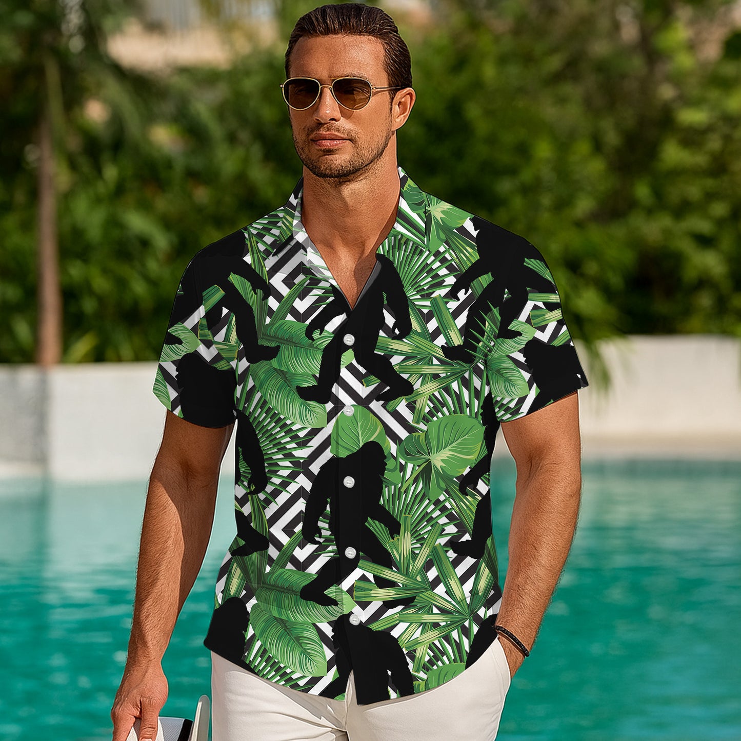 Bigfoot Tropical Leaf Geometric Pattern Hawaiian Shirt for Men & Women Aloha