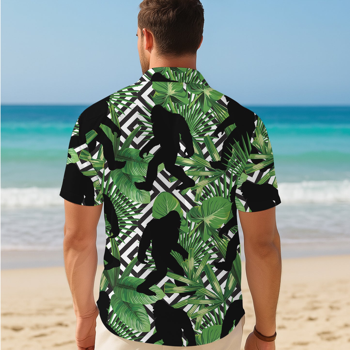 Bigfoot Tropical Leaf Geometric Pattern Hawaiian Shirt for Men & Women Aloha