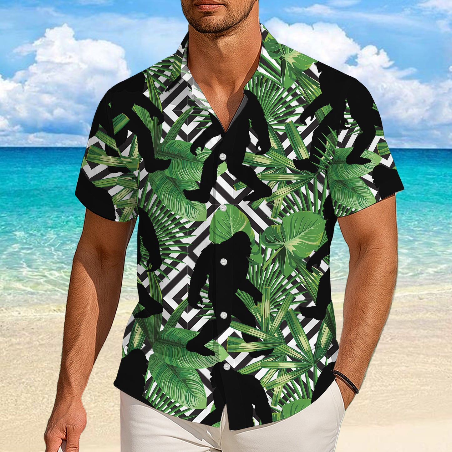 Bigfoot Tropical Leaf Geometric Pattern Hawaiian Shirt for Men & Women Aloha