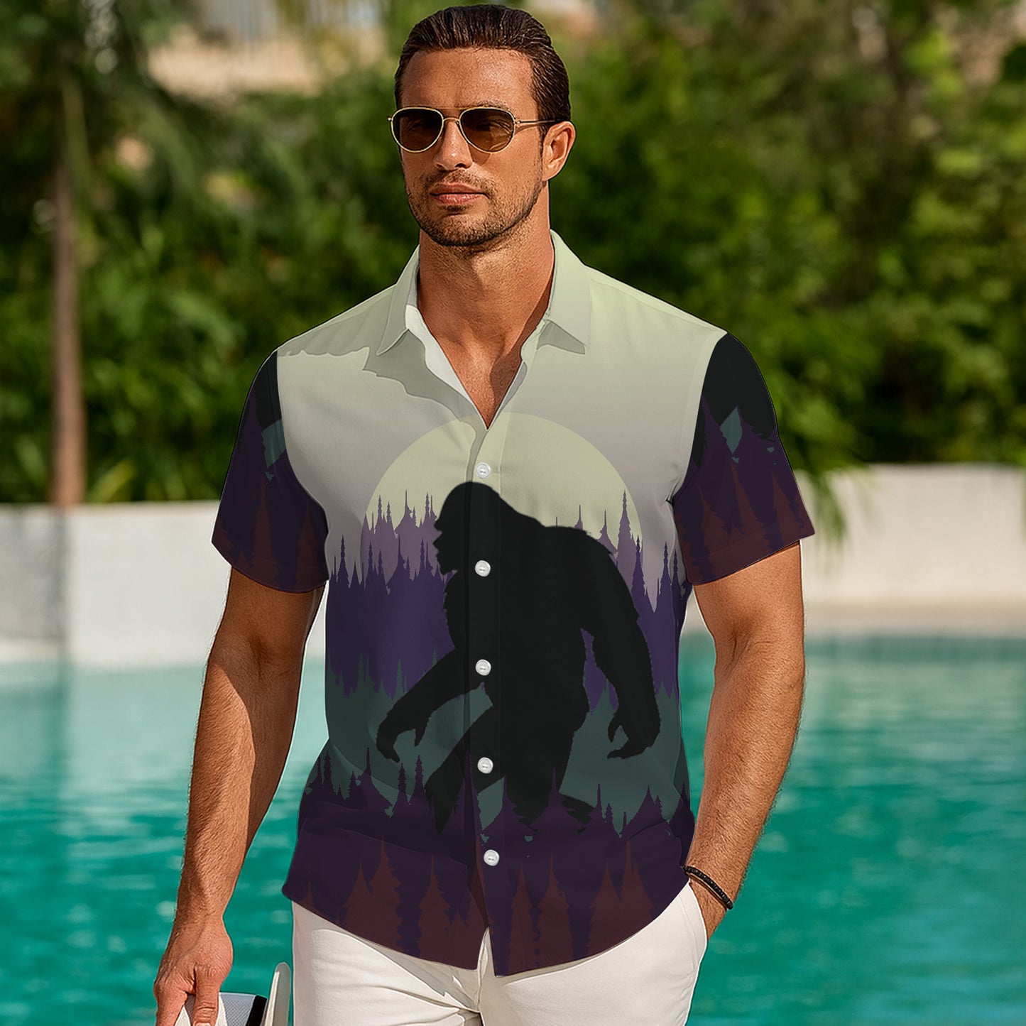 Bigfoot Pine Forest Moonlight Silhouette Hawaiian Shirt for Men & Women Aloha