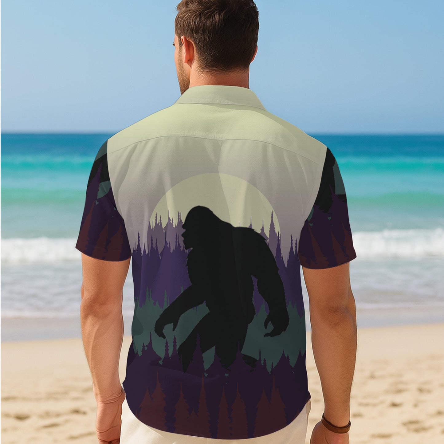 Bigfoot Pine Forest Moonlight Silhouette Hawaiian Shirt for Men & Women Aloha