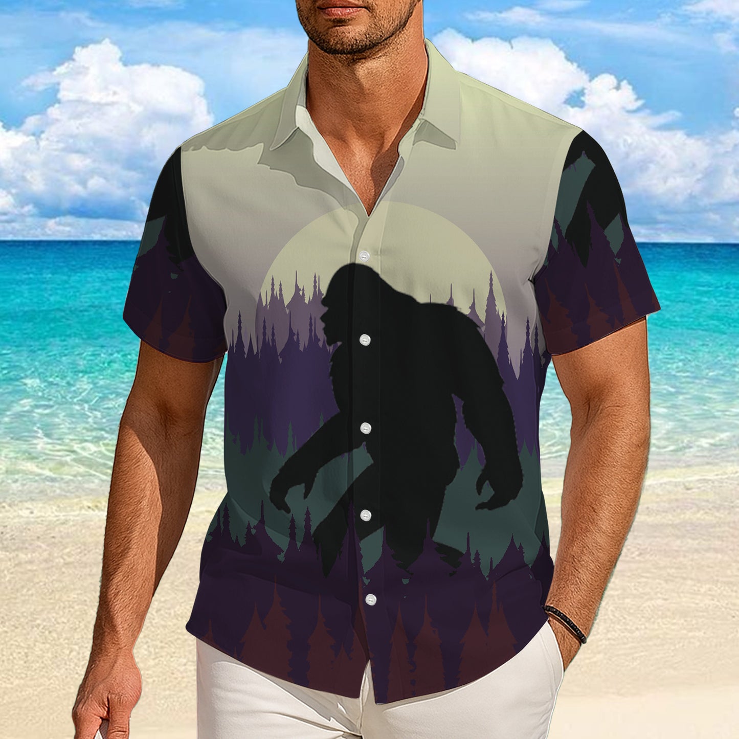 Bigfoot Pine Forest Moonlight Silhouette Hawaiian Shirt for Men & Women Aloha