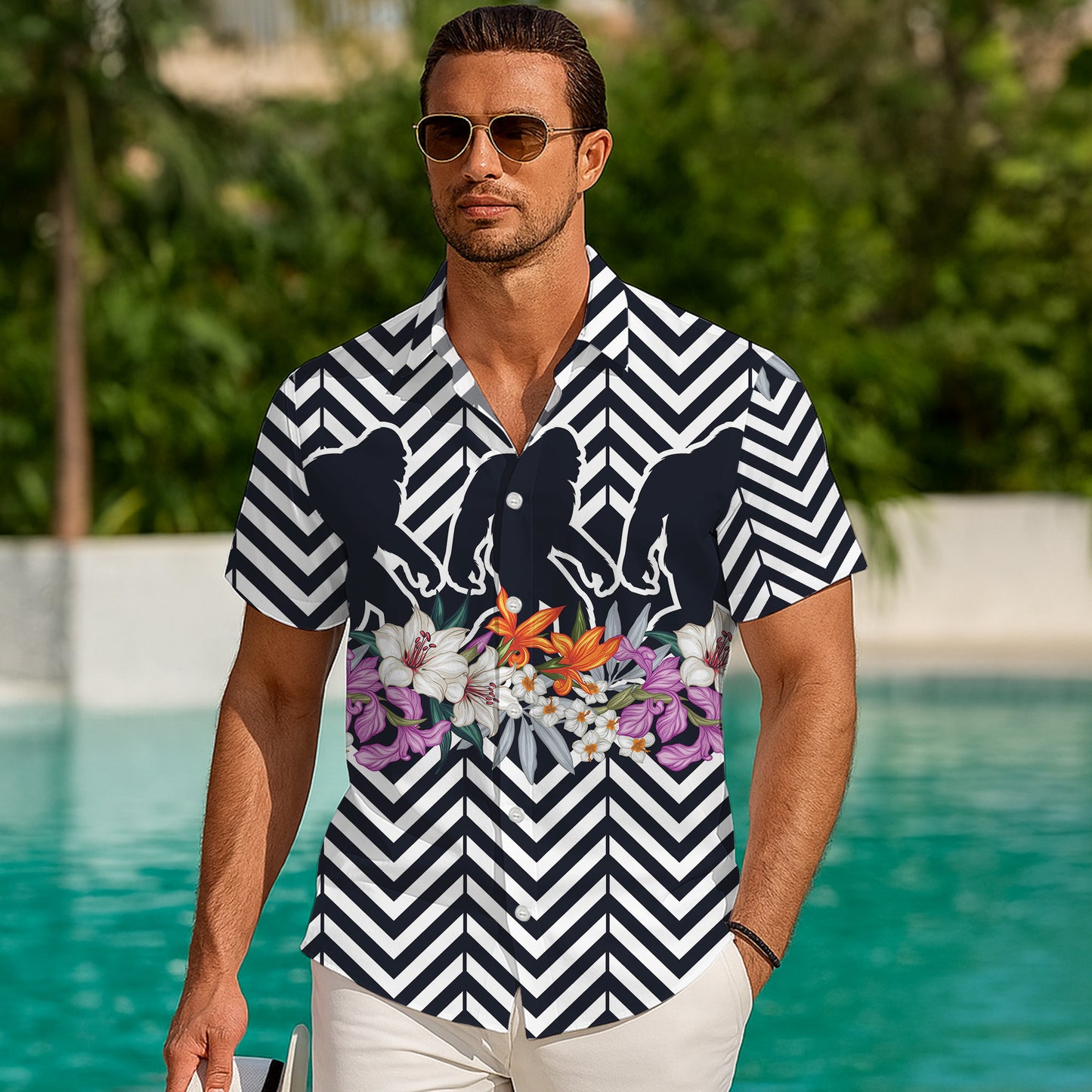 Bigfoot Zigzag Pattern Tropical Flower Hawaiian Shirt for Men & Women Aloha