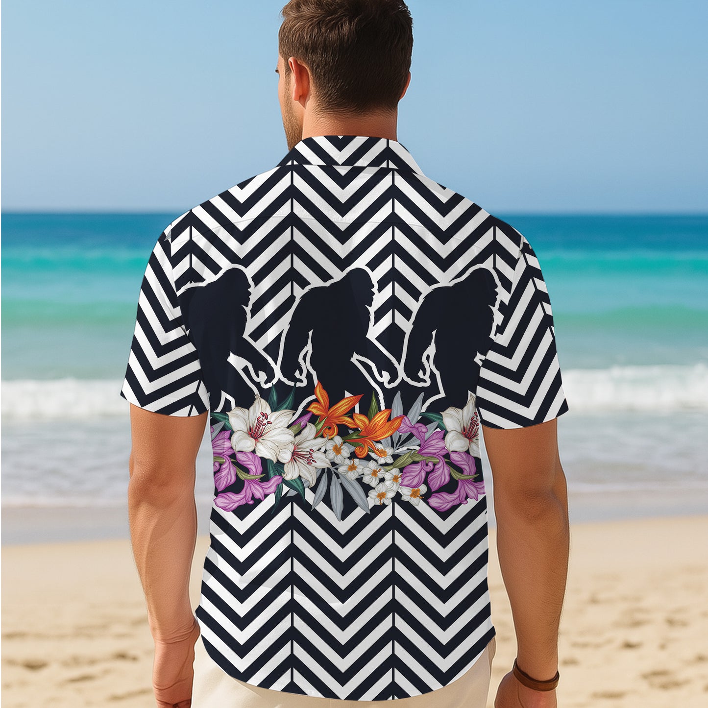 Bigfoot Zigzag Pattern Tropical Flower Hawaiian Shirt for Men & Women Aloha