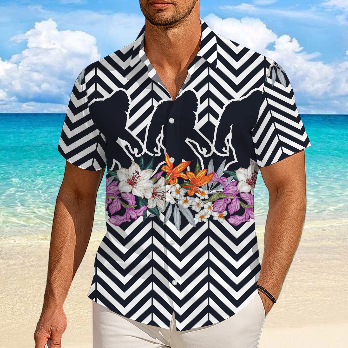 Bigfoot Zigzag Pattern Tropical Flower Hawaiian Shirt for Men & Women Aloha