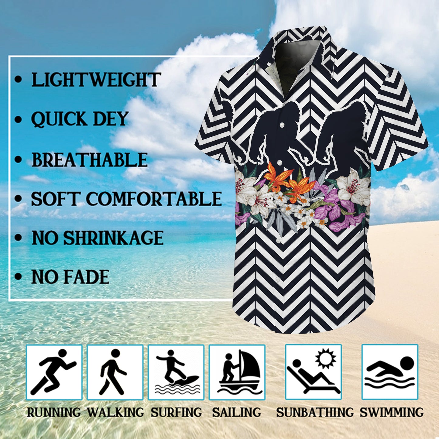 Bigfoot Zigzag Pattern Tropical Flower Hawaiian Shirt for Men & Women Aloha