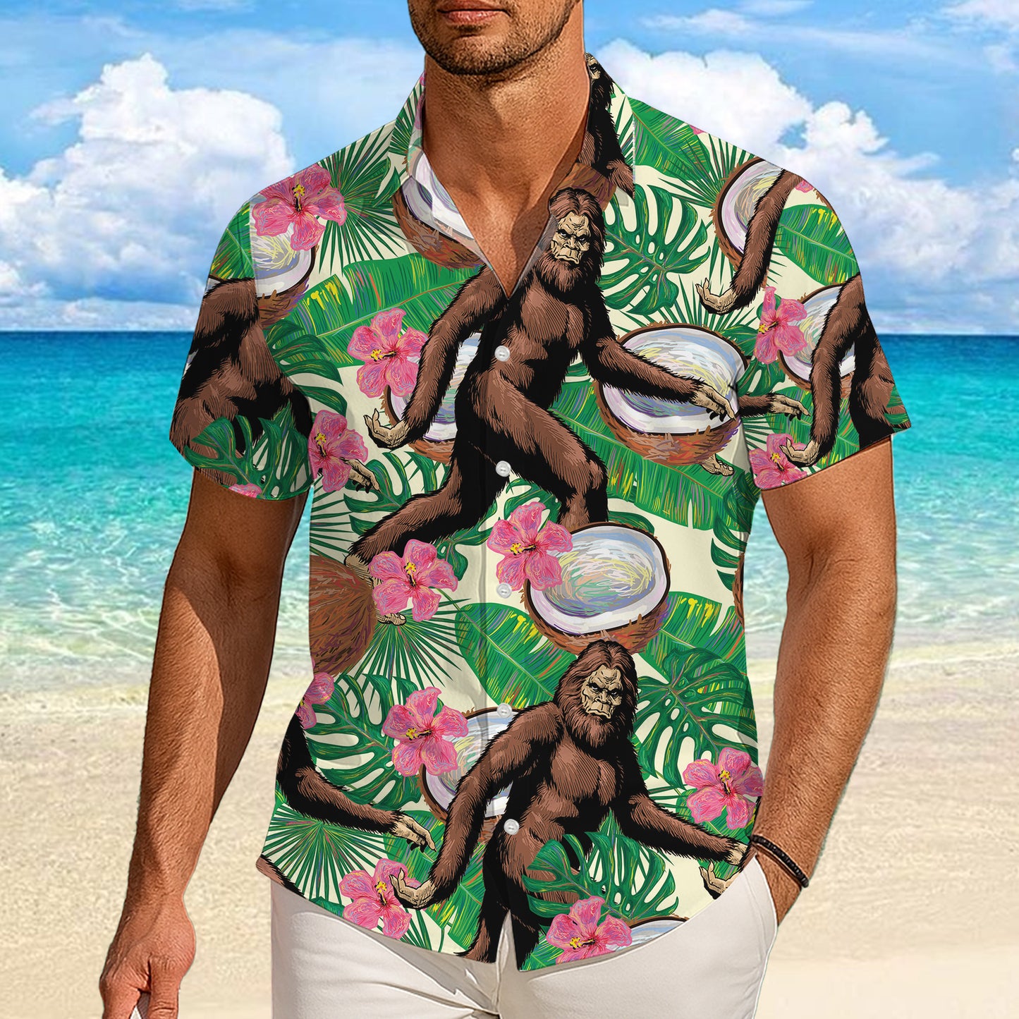 Bigfoot Coconut Tropical Hibiscus Flower Hawaiian Shirt for Men & Women Aloha