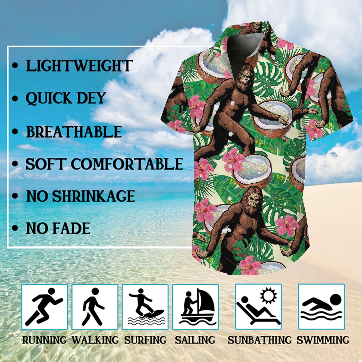 Bigfoot Coconut Tropical Hibiscus Flower Hawaiian Shirt for Men & Women Aloha