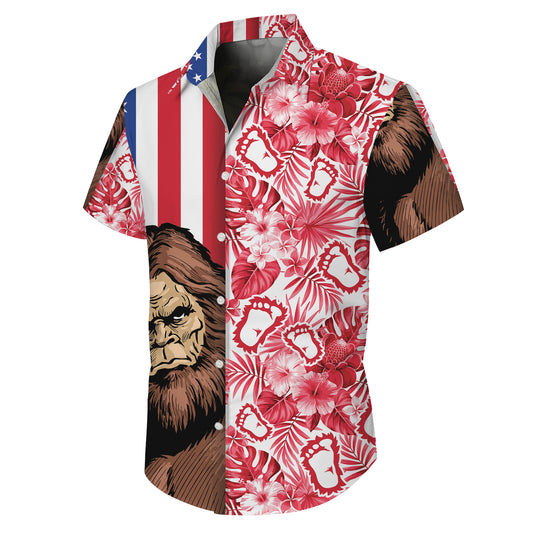 Bigfoot Red Tropical Floral USA Flag Pattern Hawaiian Shirt Men Women Aloha