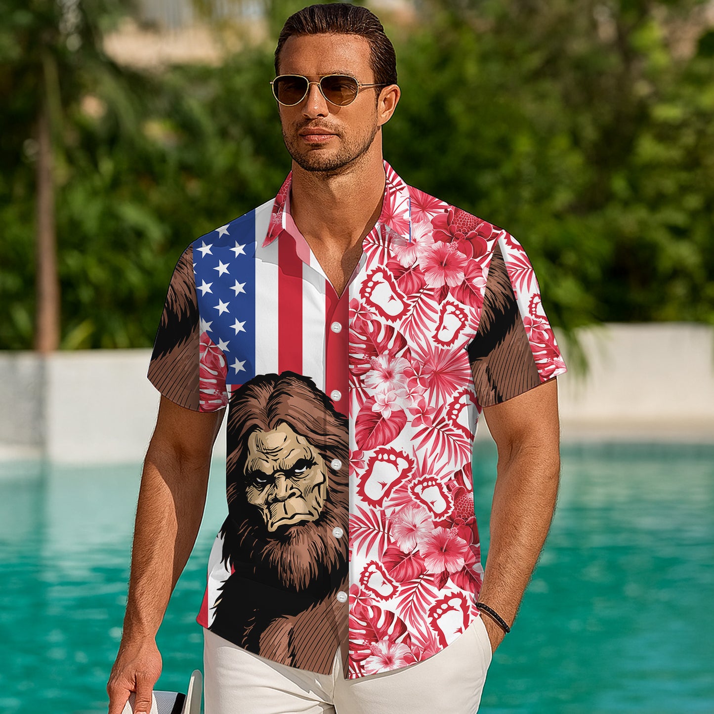 Bigfoot Red Tropical Floral USA Flag Pattern Hawaiian Shirt Men Women Aloha