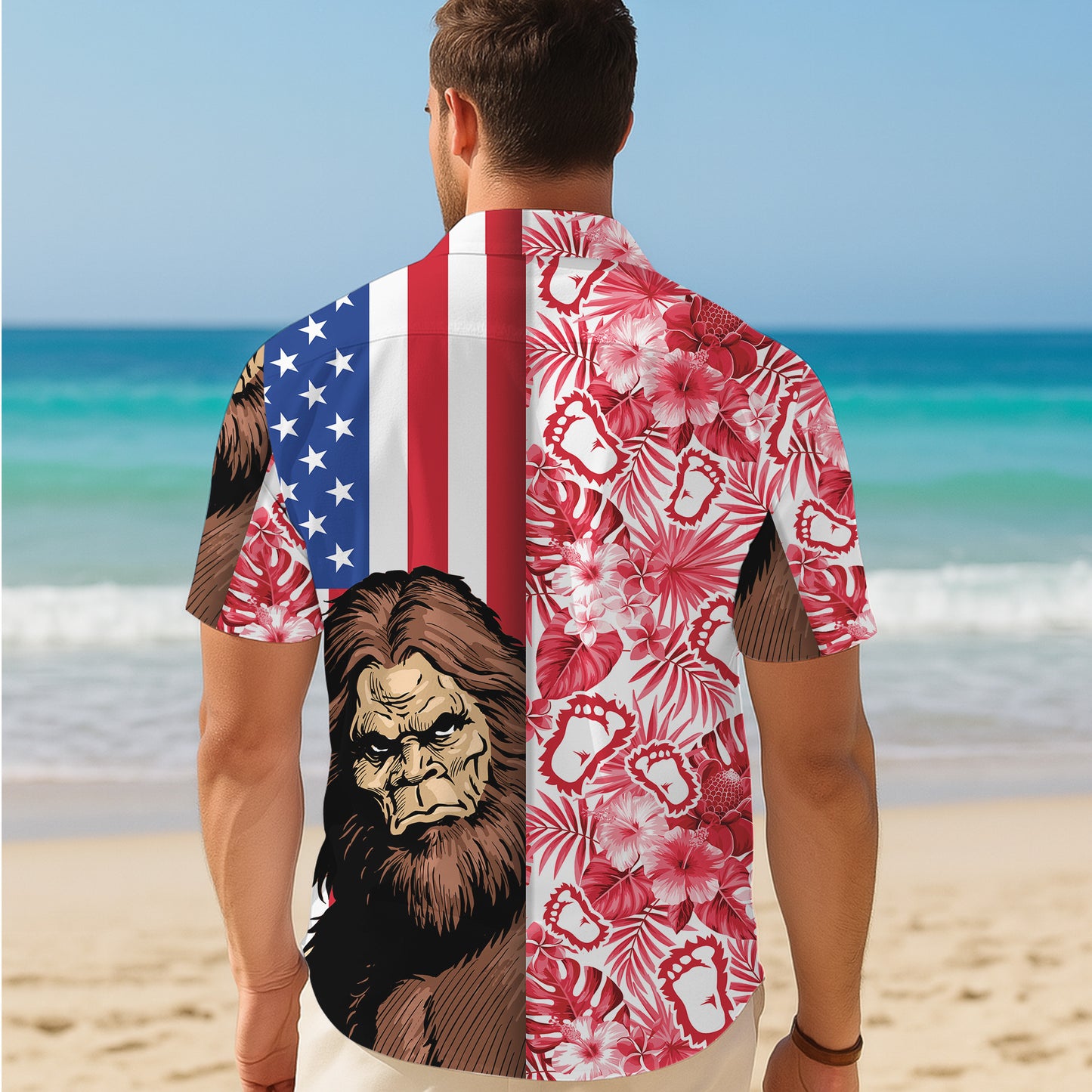 Bigfoot Red Tropical Floral USA Flag Pattern Hawaiian Shirt Men Women Aloha