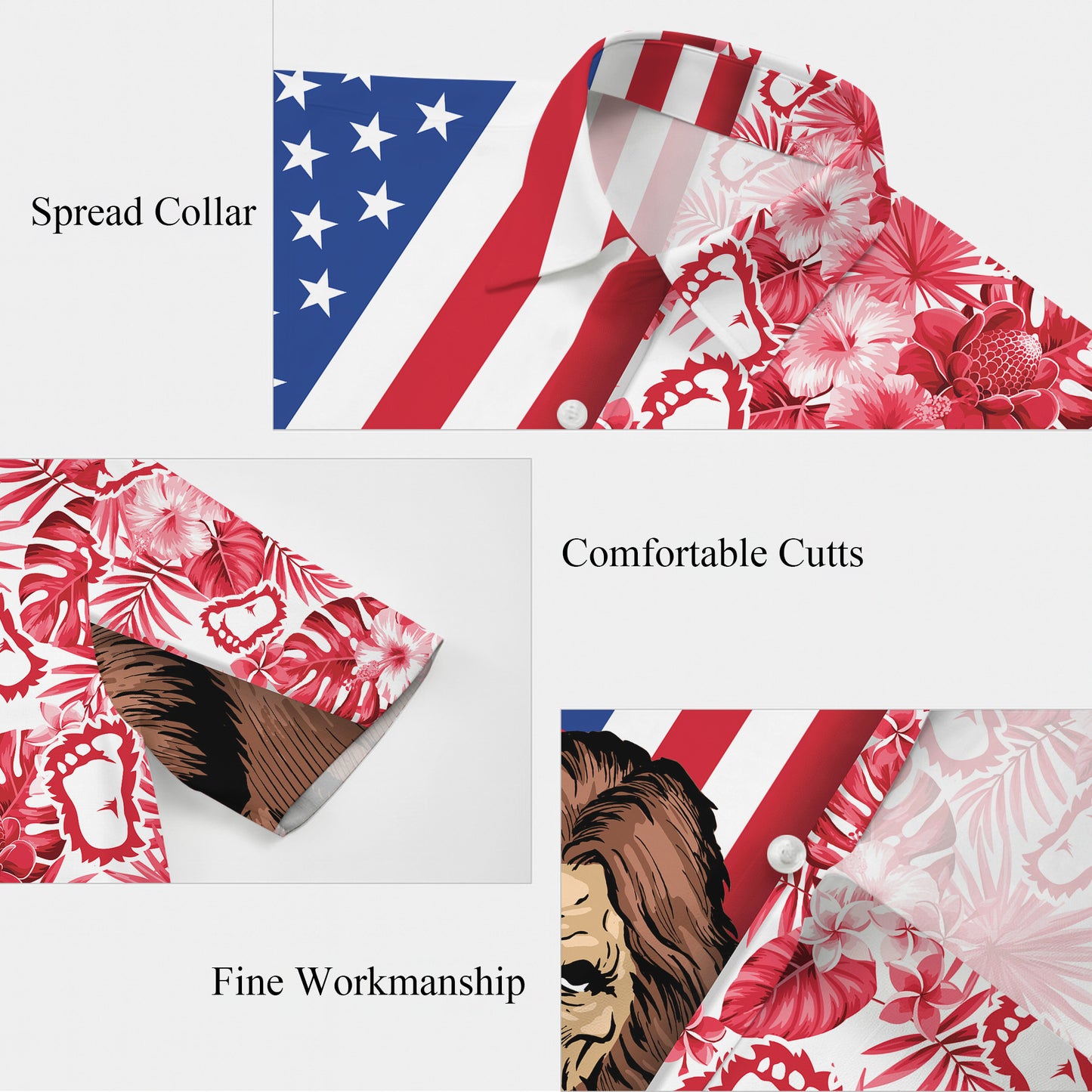 Bigfoot Red Tropical Floral USA Flag Pattern Hawaiian Shirt Men Women Aloha