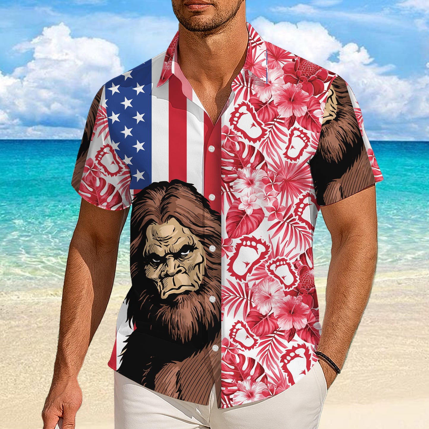 Bigfoot Red Tropical Floral USA Flag Pattern Hawaiian Shirt Men Women Aloha