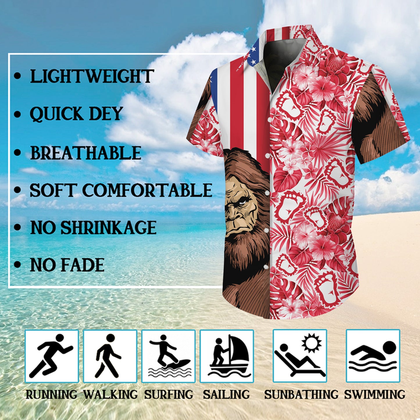 Bigfoot Red Tropical Floral USA Flag Pattern Hawaiian Shirt Men Women Aloha