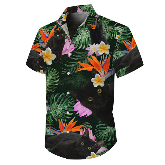 Black Cat Tropical Flowers Bird of Paradise Hawaiian Shirt for Men & Women Aloha