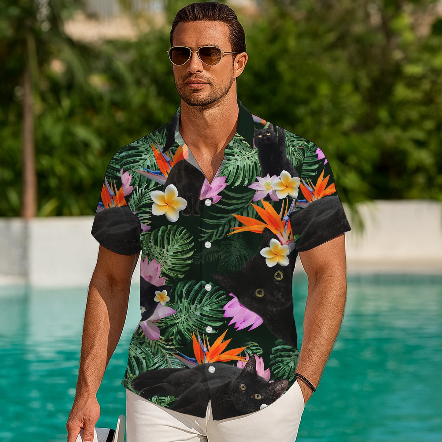 Black Cat Tropical Flowers Bird of Paradise Hawaiian Shirt for Men & Women Aloha