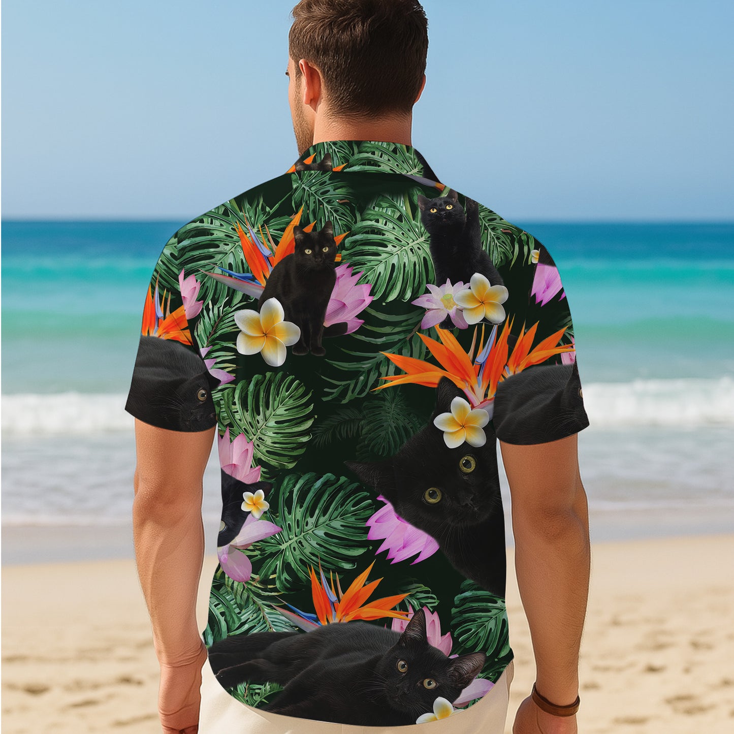 Black Cat Tropical Flowers Bird of Paradise Hawaiian Shirt for Men & Women Aloha