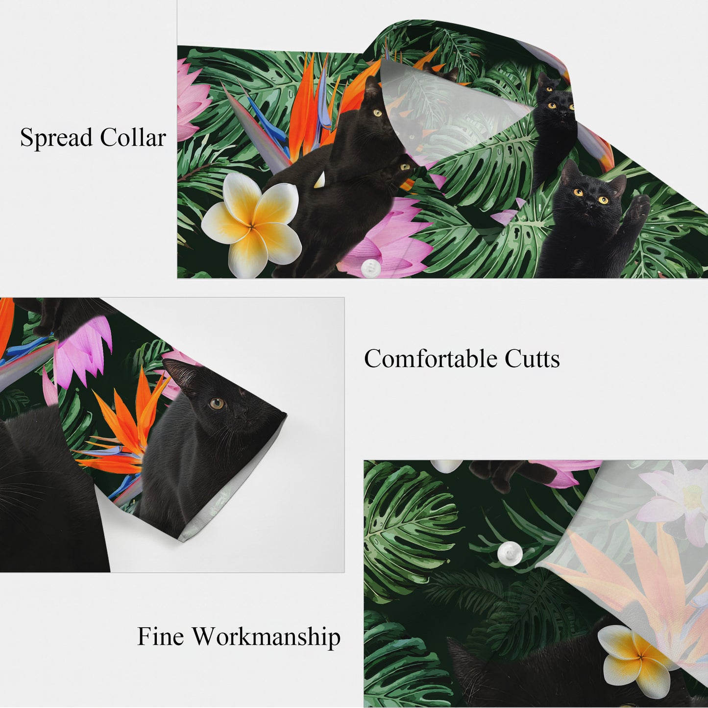Black Cat Tropical Flowers Bird of Paradise Hawaiian Shirt for Men & Women Aloha