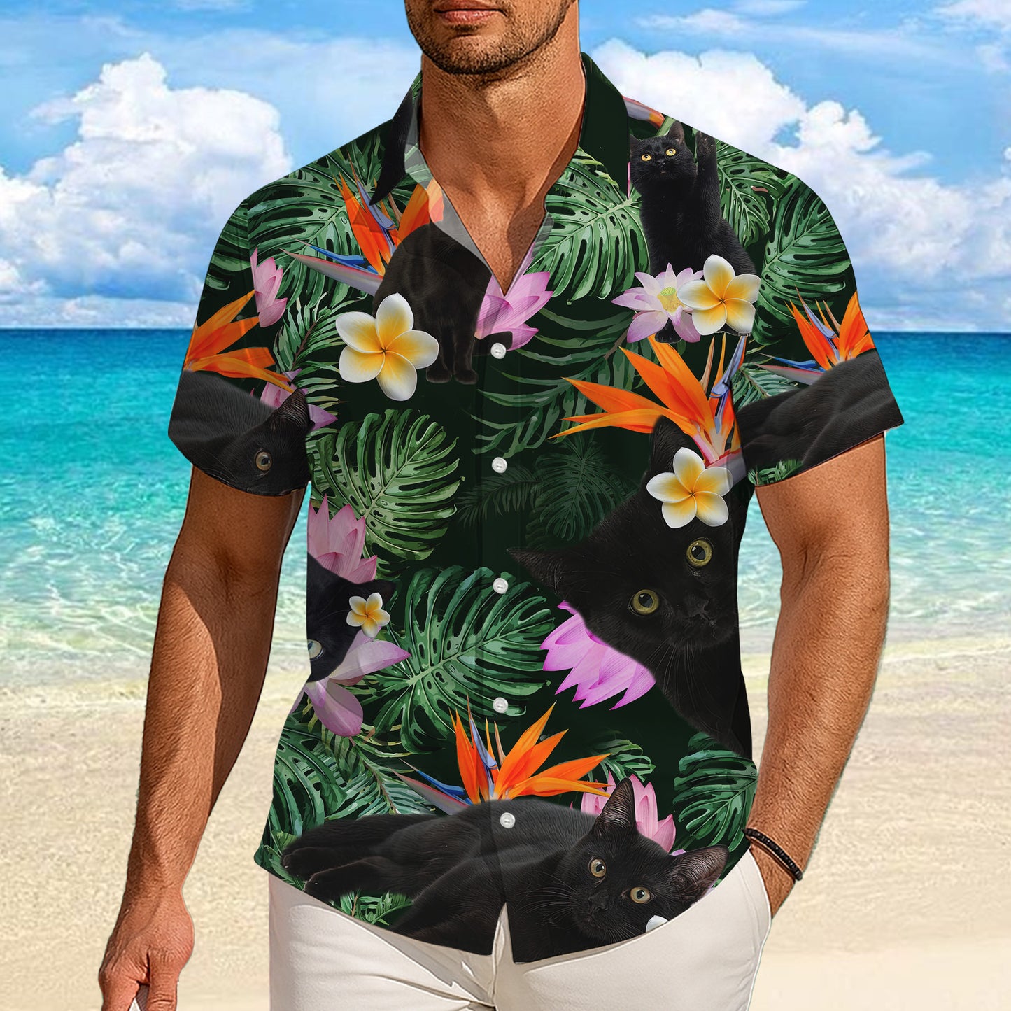 Black Cat Tropical Flowers Bird of Paradise Hawaiian Shirt for Men & Women Aloha