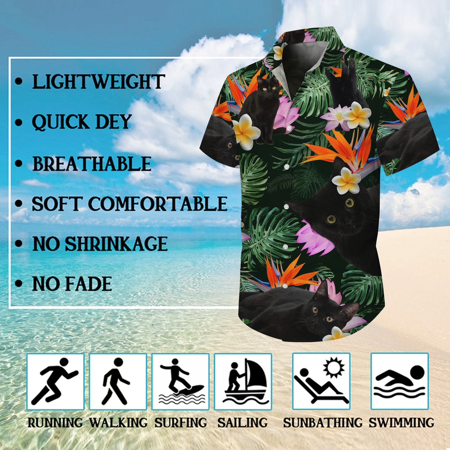 Black Cat Tropical Flowers Bird of Paradise Hawaiian Shirt for Men & Women Aloha