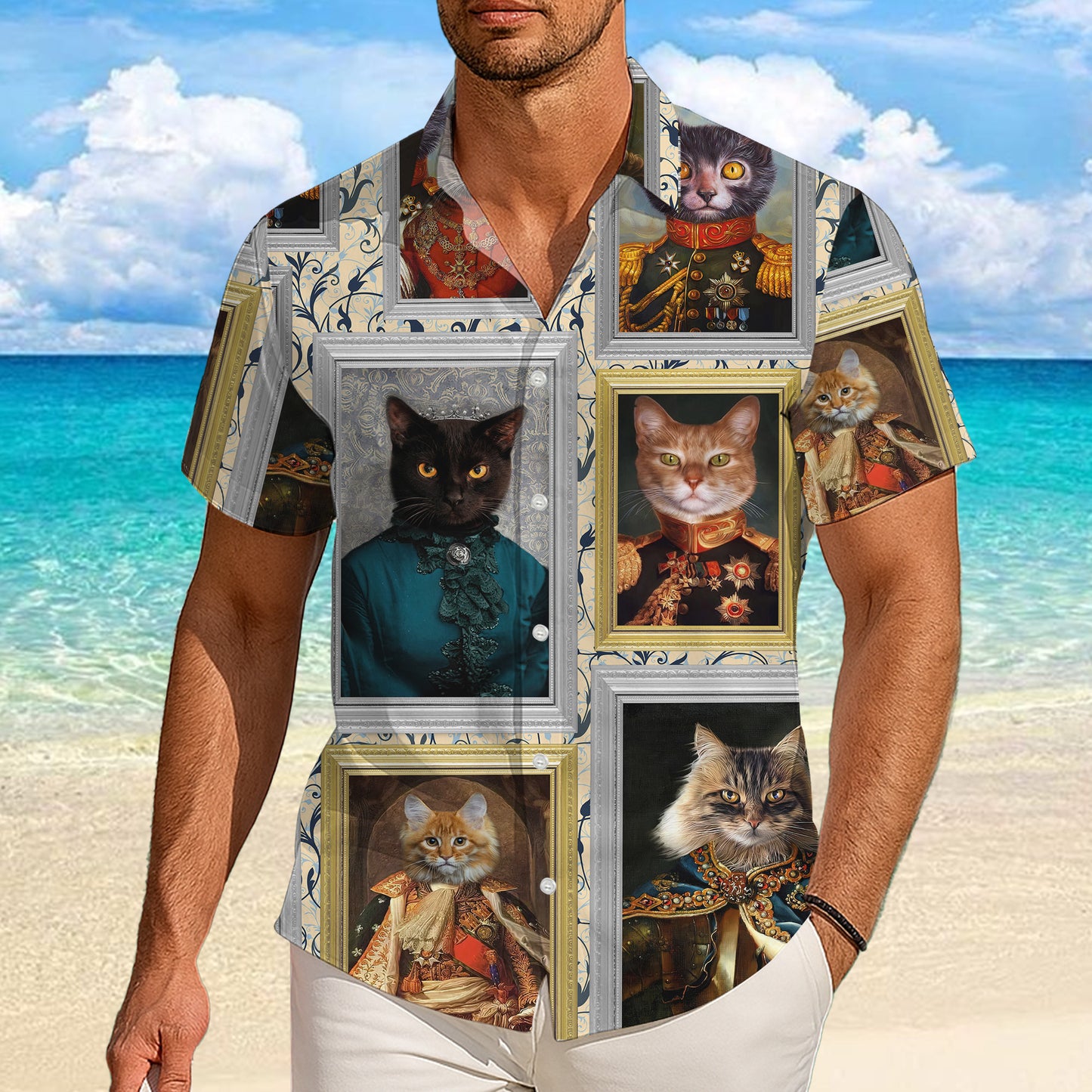 Regal Royal Cat Vintage Portrait Painting Style Hawaiian Shirt Men Women Aloha