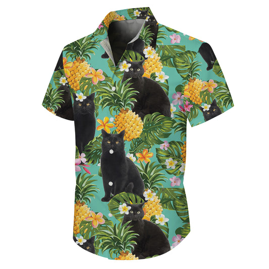 Black Cat Pineapple Tropical Floral Hawaiian Shirt for Men & Women Aloha