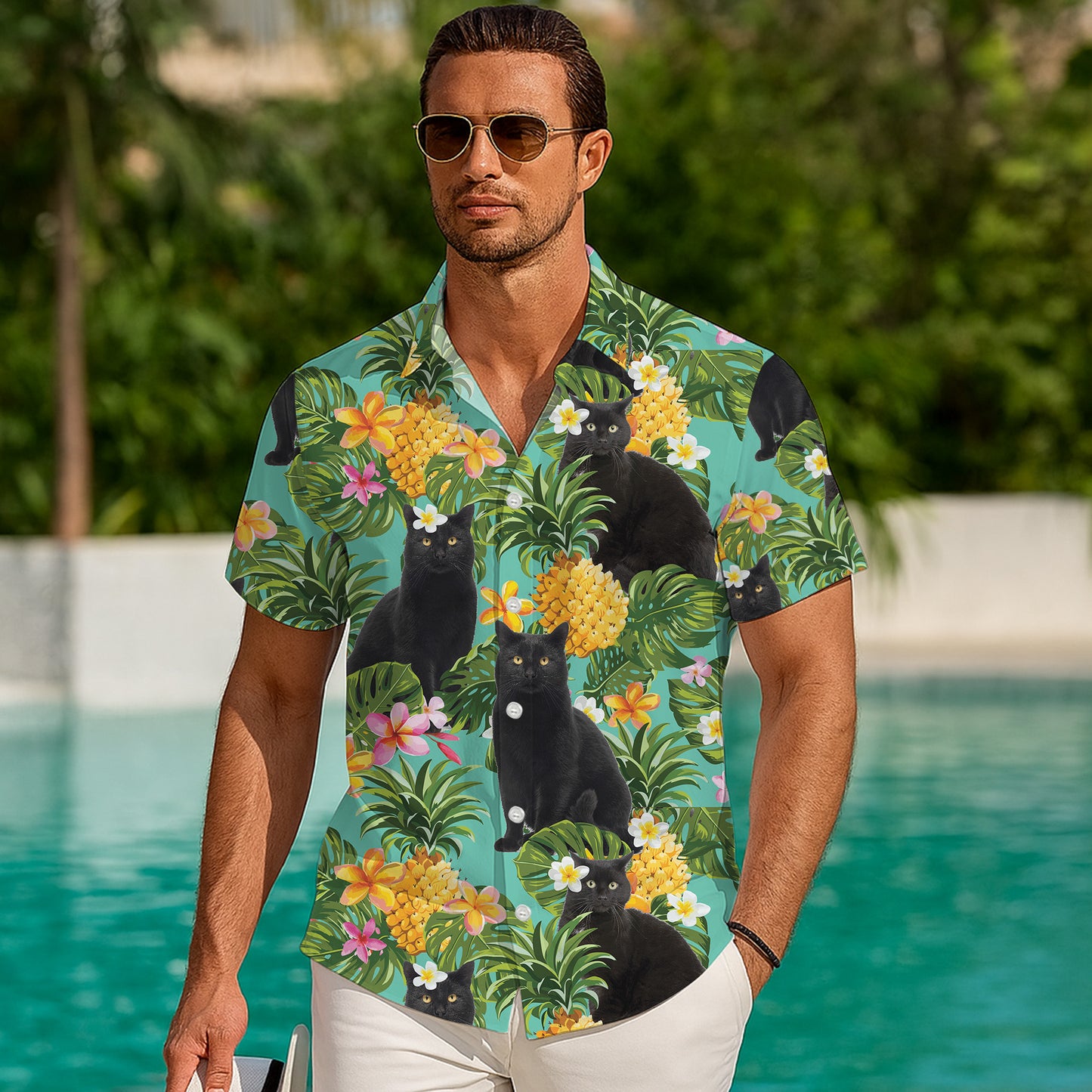 Black Cat Pineapple Tropical Floral Hawaiian Shirt for Men & Women Aloha