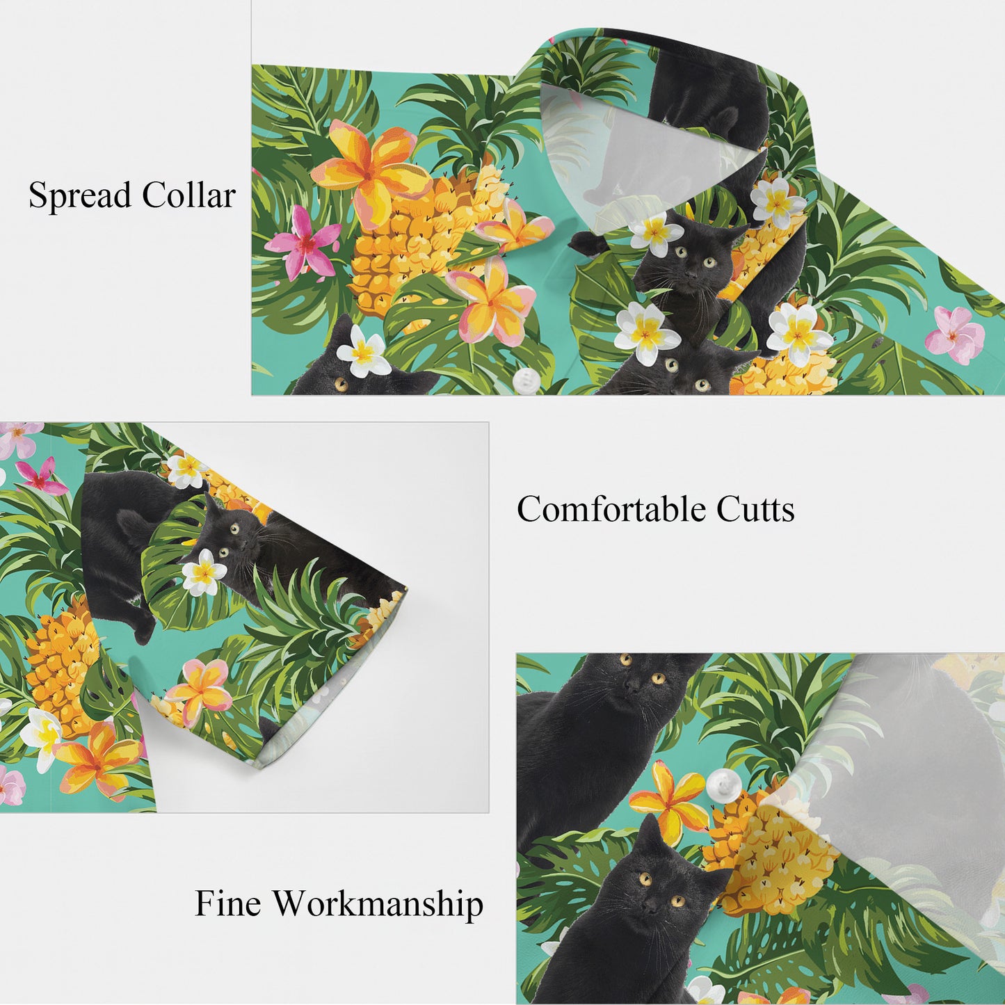 Black Cat Pineapple Tropical Floral Hawaiian Shirt for Men & Women Aloha