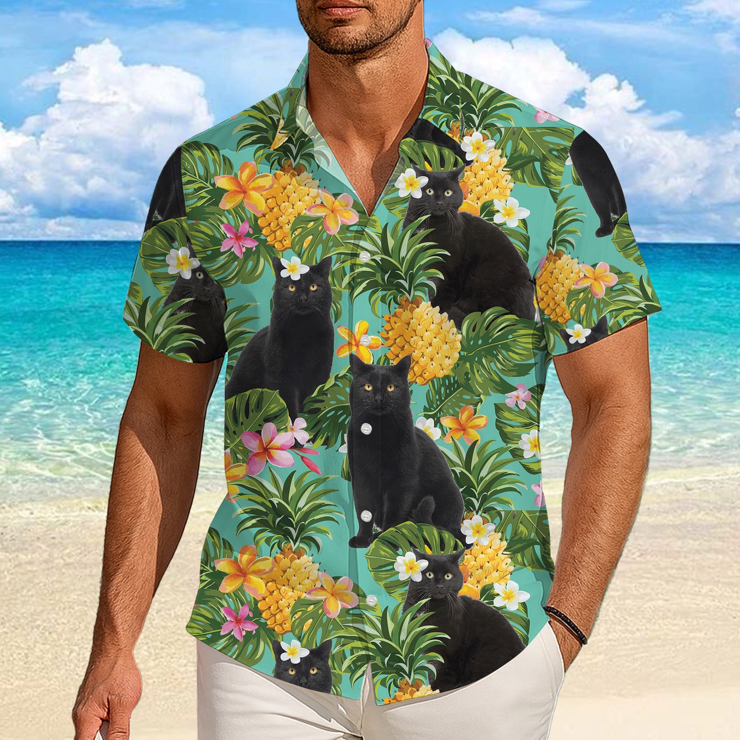Black Cat Pineapple Tropical Floral Hawaiian Shirt for Men & Women Aloha