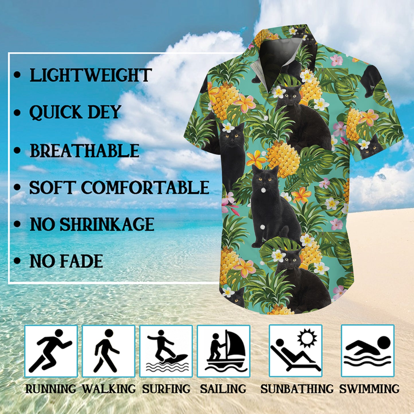 Black Cat Pineapple Tropical Floral Hawaiian Shirt for Men & Women Aloha