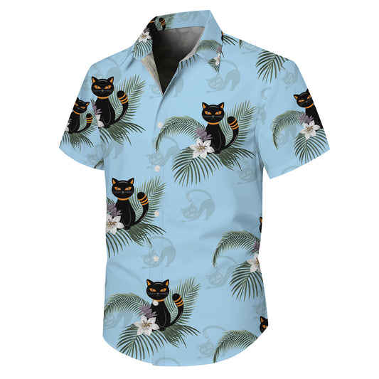 Cartoon Black Cat Palm Leaves Tropical Floral Hawaiian Shirt Men Women Aloha