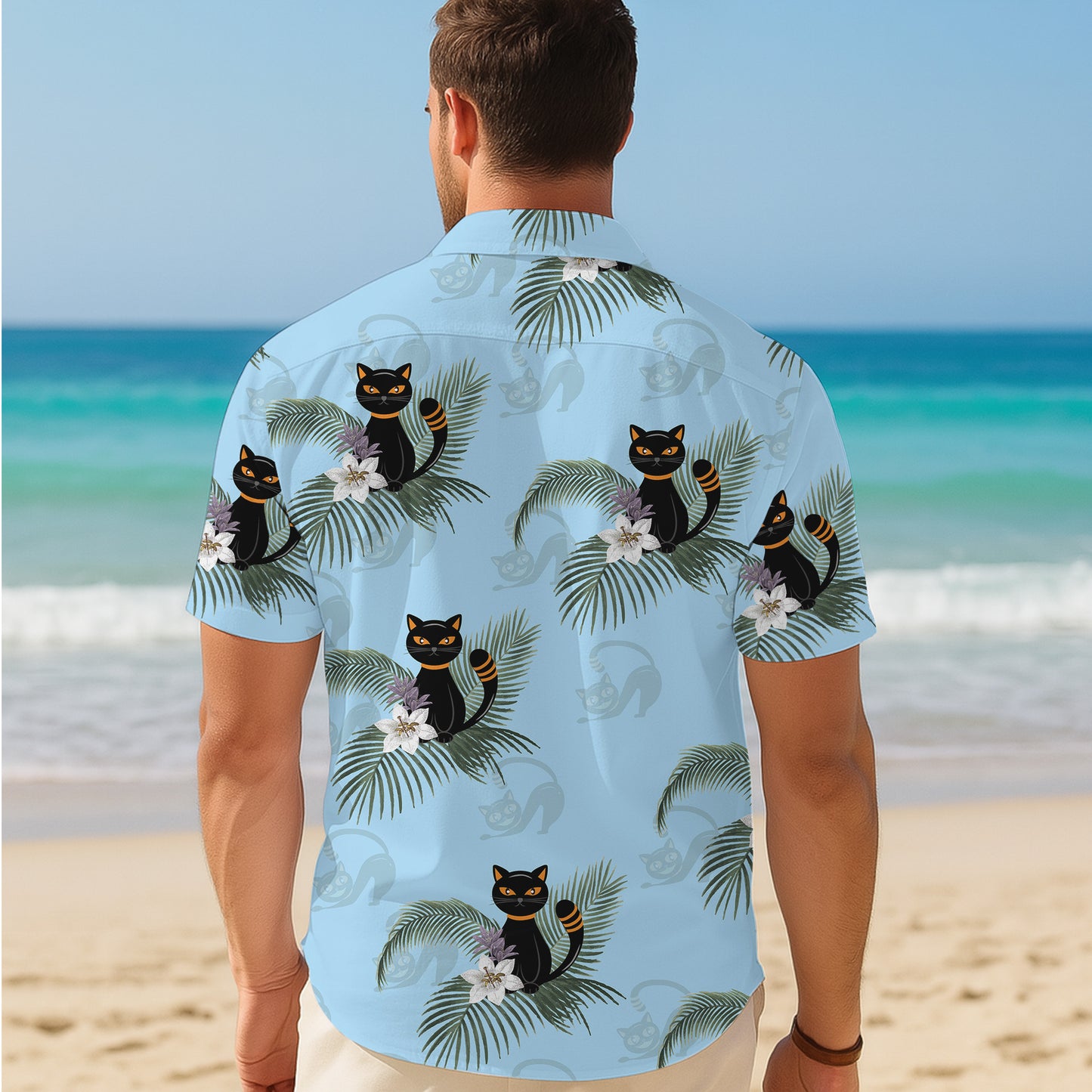 Cartoon Black Cat Palm Leaves Tropical Floral Hawaiian Shirt Men Women Aloha