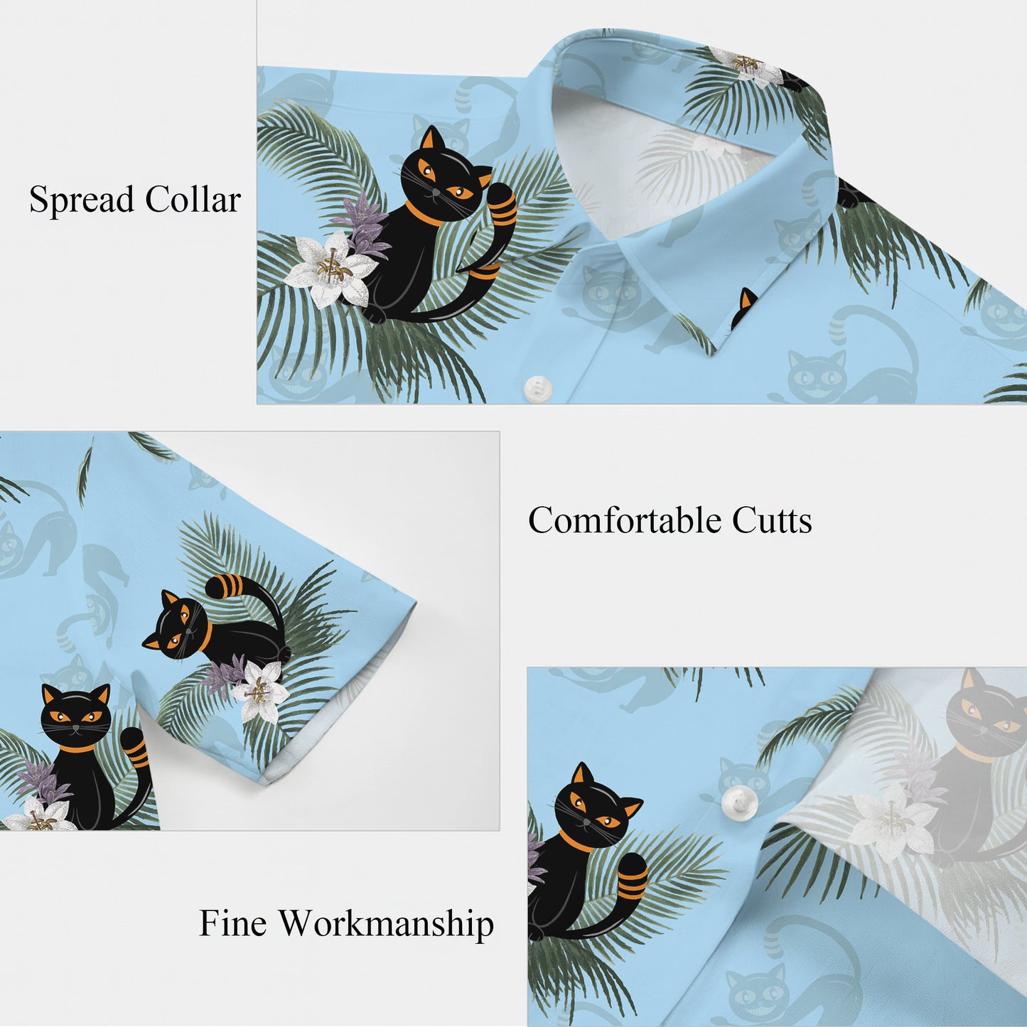 Cartoon Black Cat Palm Leaves Tropical Floral Hawaiian Shirt Men Women Aloha