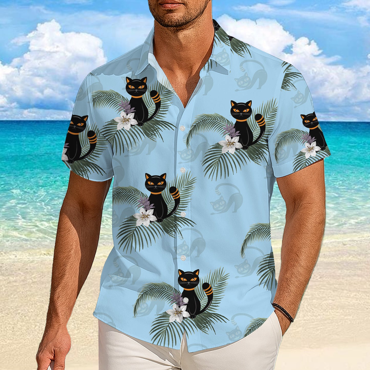 Cartoon Black Cat Palm Leaves Tropical Floral Hawaiian Shirt Men Women Aloha