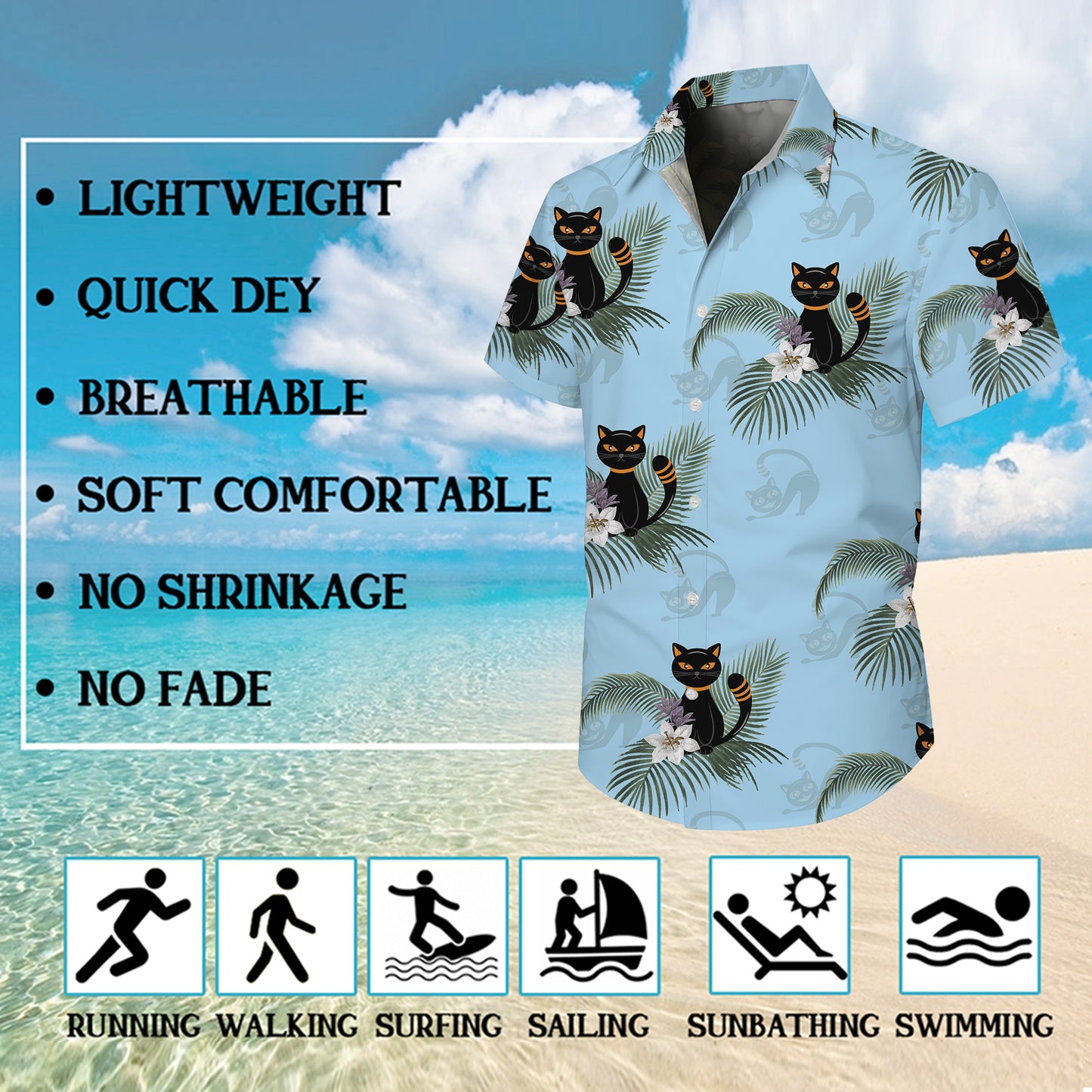 Cartoon Black Cat Palm Leaves Tropical Floral Hawaiian Shirt Men Women Aloha