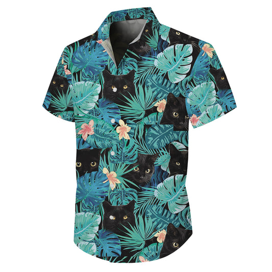 Black Cat Tropical Leaves Floral Pattern Hawaiian Shirt for Men & Women Aloha