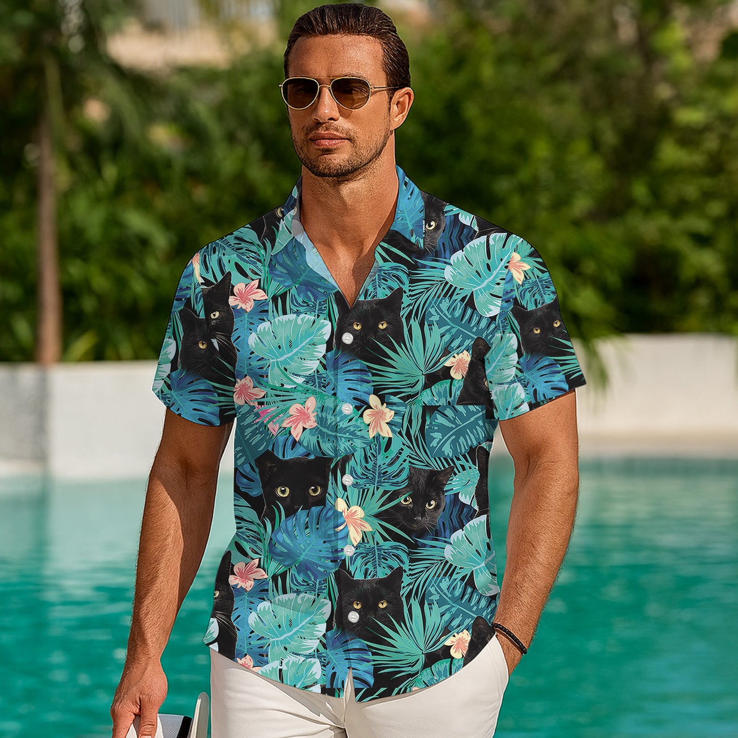 Black Cat Tropical Leaves Floral Pattern Hawaiian Shirt for Men & Women Aloha