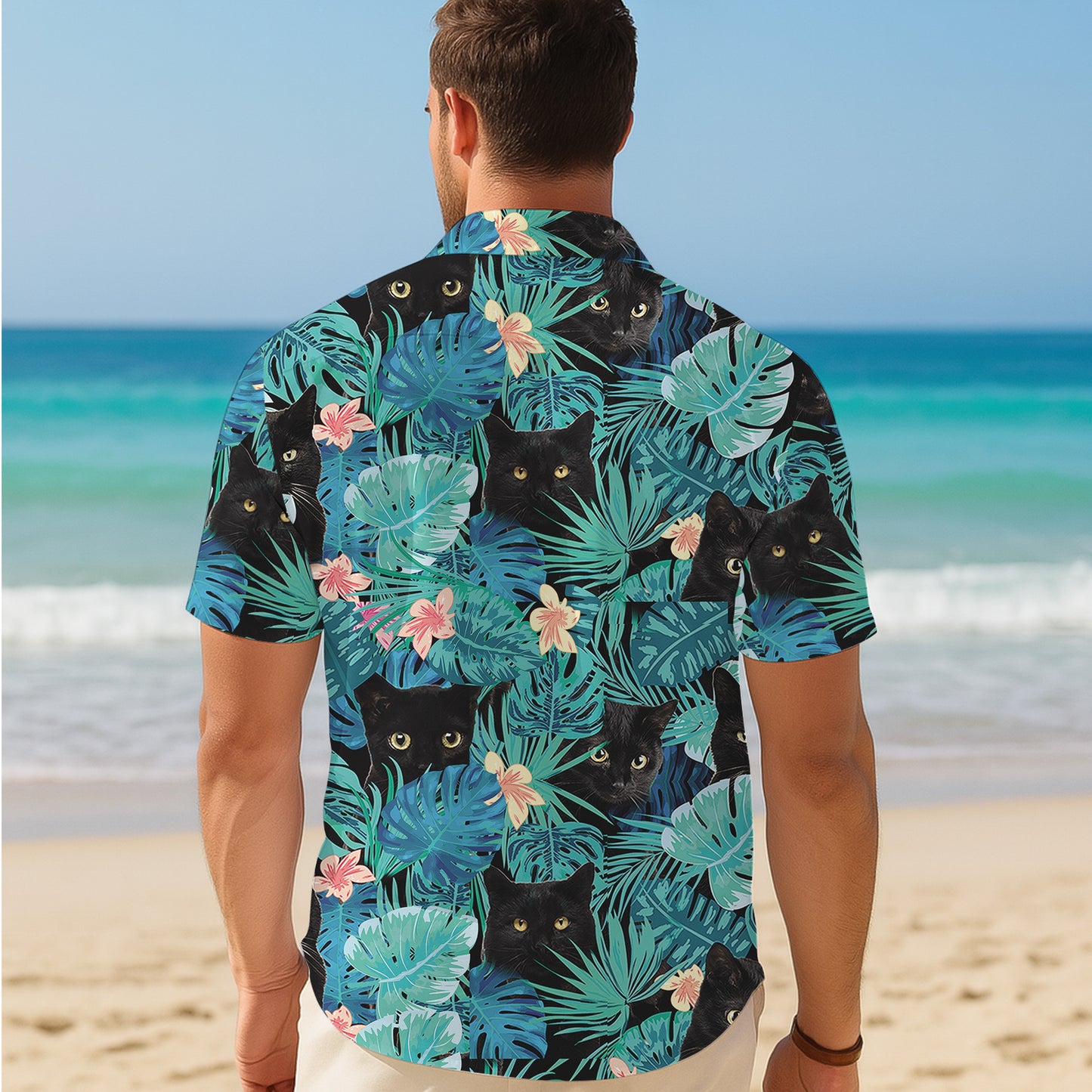 Black Cat Tropical Leaves Floral Pattern Hawaiian Shirt for Men & Women Aloha