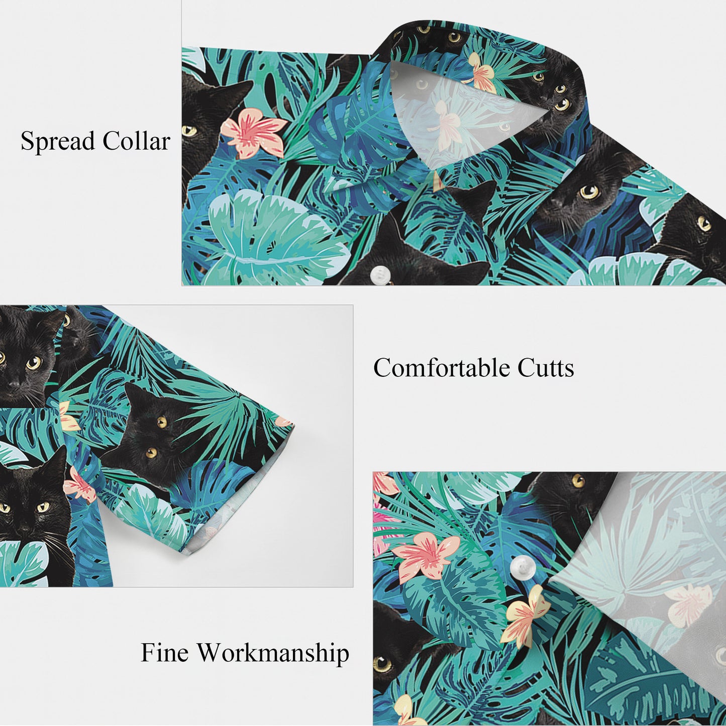 Black Cat Tropical Leaves Floral Pattern Hawaiian Shirt for Men & Women Aloha