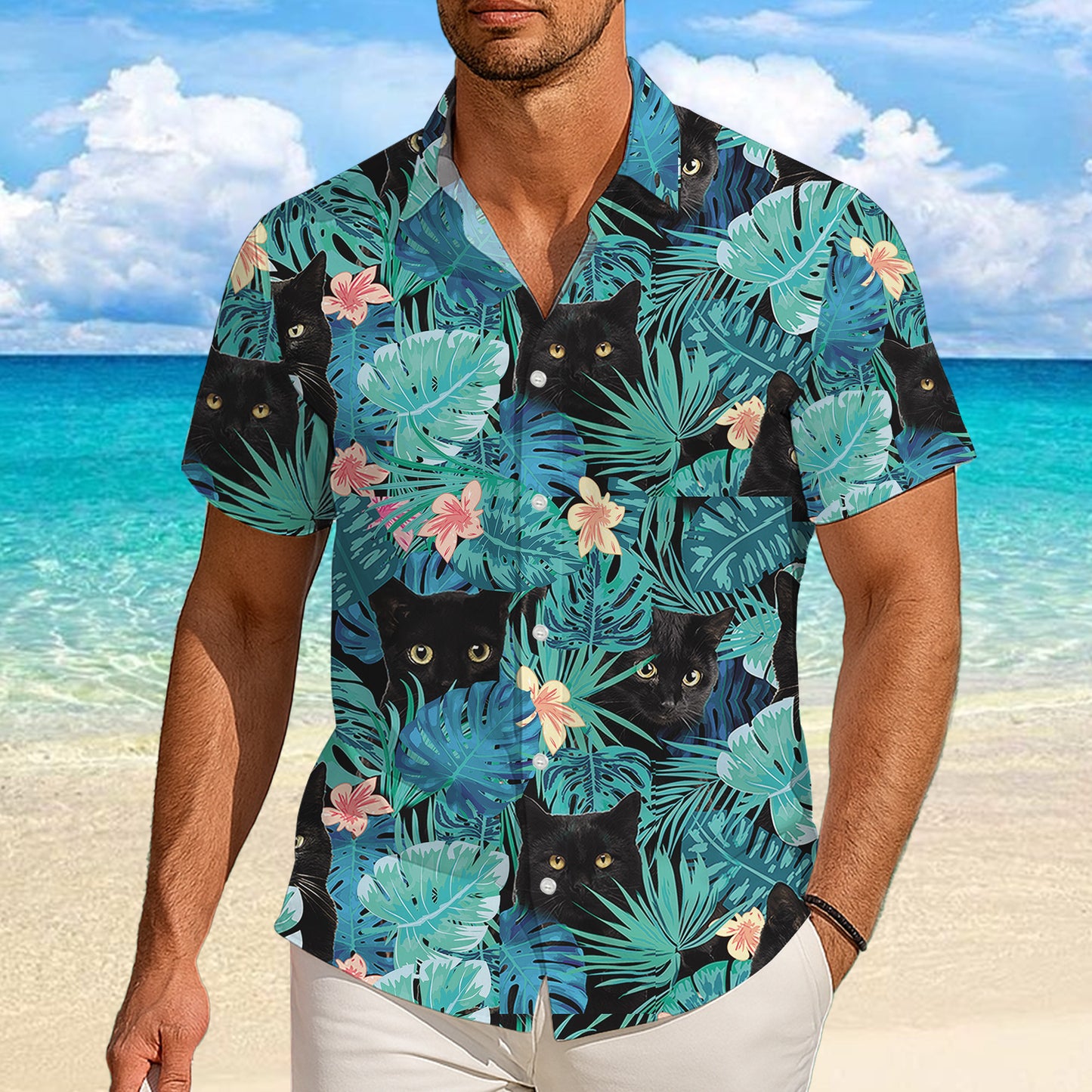 Black Cat Tropical Leaves Floral Pattern Hawaiian Shirt for Men & Women Aloha