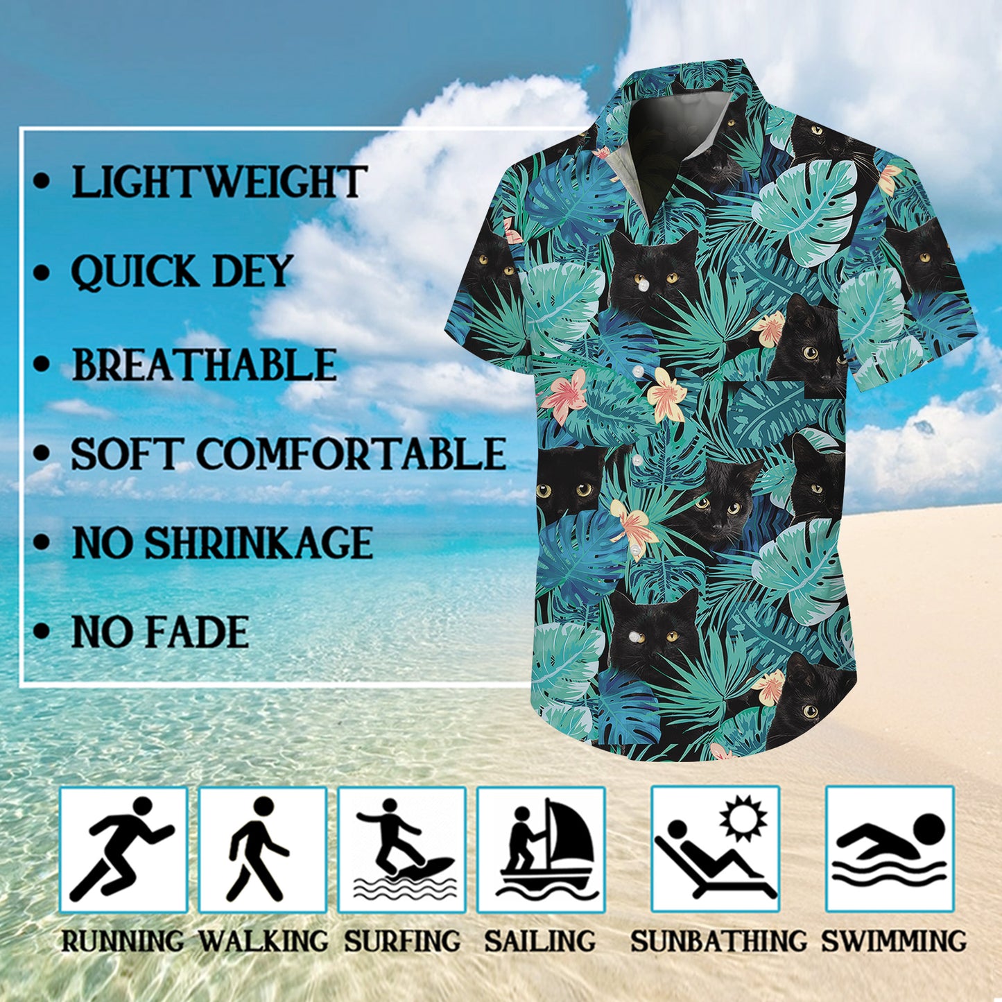 Black Cat Tropical Leaves Floral Pattern Hawaiian Shirt for Men & Women Aloha