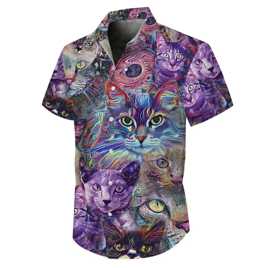 Artistic Colorful Cat Pattern Hawaiian Shirt for Men & Women Psychedelic Aloha